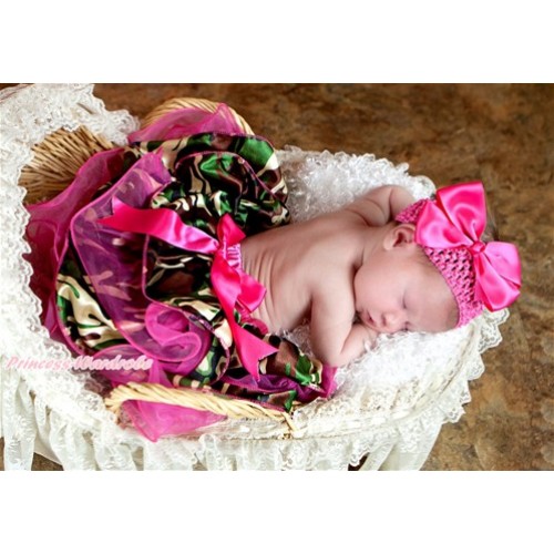 Hot Pink Camouflage Flower Petal Newborn Baby Pettiskirt With Hot Pink Bow N196 